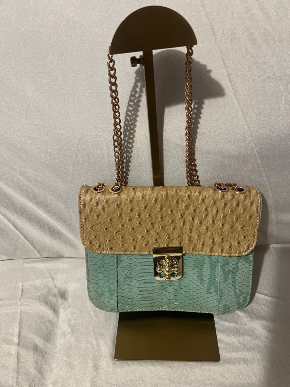 Luxury Two-Tone Ostrich & Snakeskin Shoulder Bag in Beige and Mint